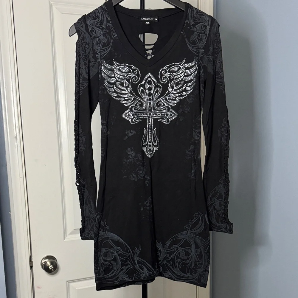 Black Rhinestone Cross & Wings Long Sleeve Mini Dress - Picture 1 of 4